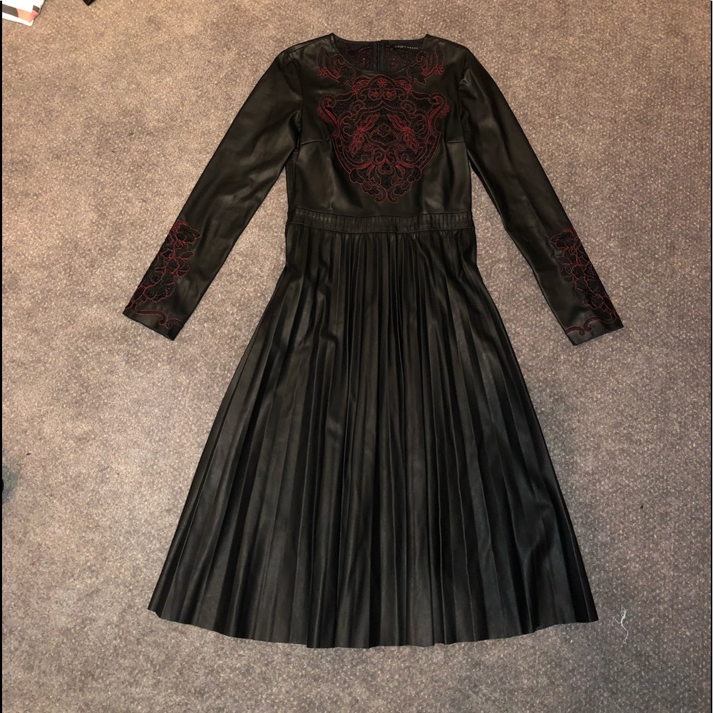 Zara faux leather pleated long sleeve midi dress
